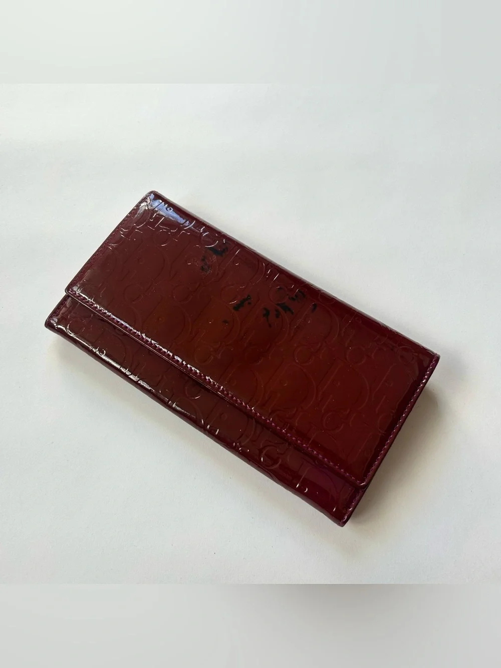 Authentic Christian Dior Burgundy Trotter Patent Leather Wallet